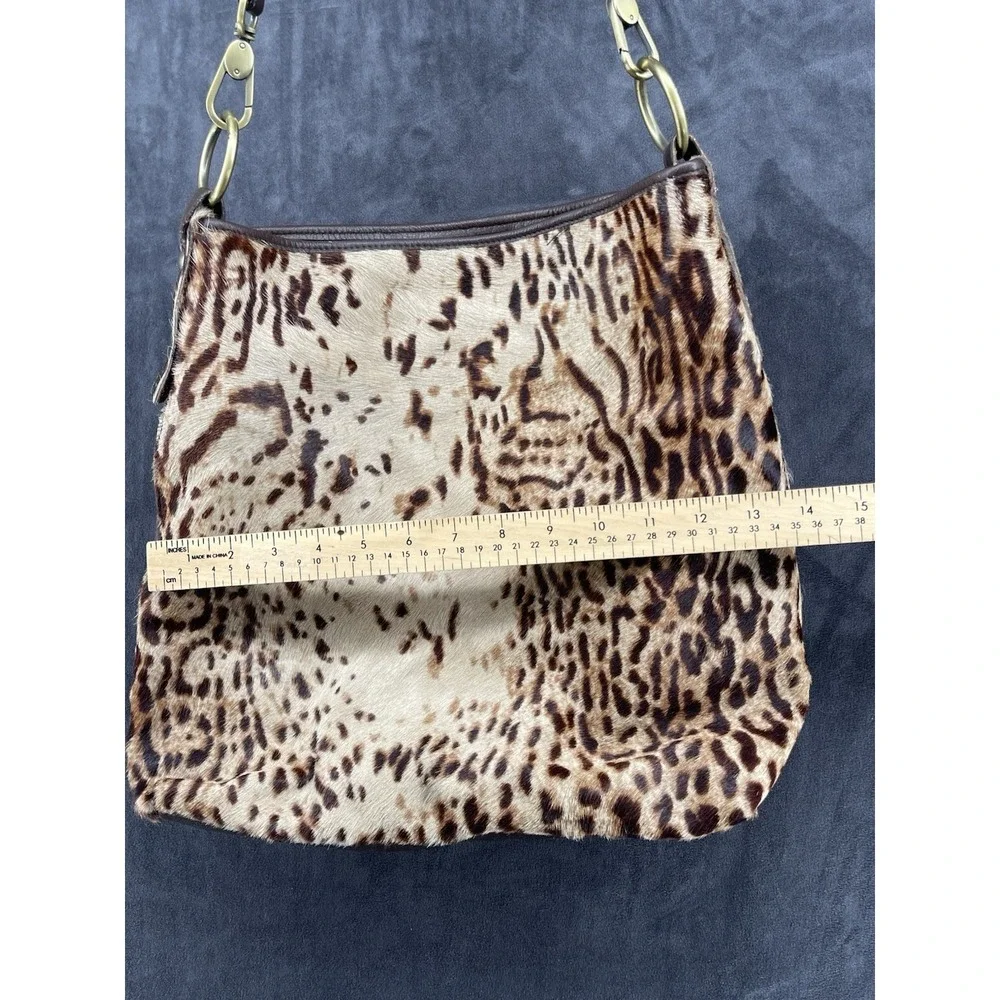 VTG Garnet Hill Italy Leather‎ Calf Hair Leopard Print Hobo Bag Brown